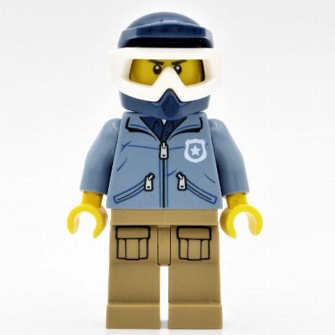 Minifigurka Policeman, Sand Blue Jacket with Pockets and 'POLICE' on Back, Dark Blue Dirt Bike Helmet with Goggles
