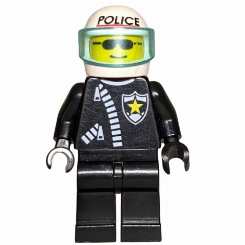 Minifigurka Policeman, Black Jacket with Zipper and Badge, White Helmet with Visor, Sunglasses