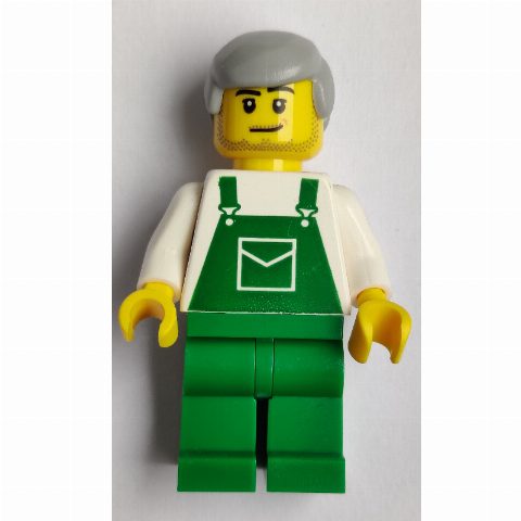 Minifigurka White Torso, Green Overall, Light BLuish Grey Hair