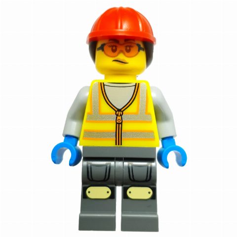 Minifigurka Workshop Mechanic, Vibrant Yellow Safety Vest, Dark Bluish Grey Legs, Red Cap, Orange Safety Glasses