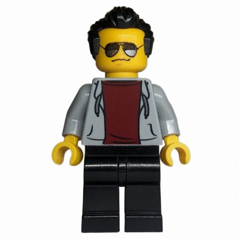 Minifigurka Light Bluish Grey Torso, Black Legs, Black Hair, Sunglasses