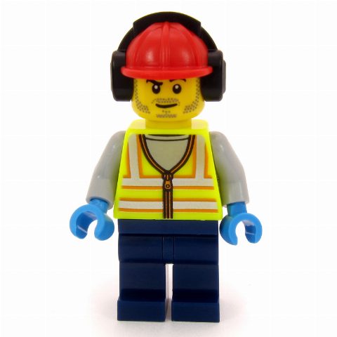 Minifigurka Airport Ground Crew Worker, Vibrant Yellow Torso, Dark Blue Legs, Red Hard Hat