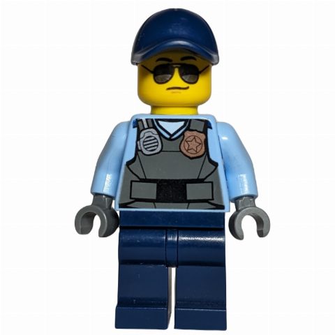 Minifigurka Policeman, Dark Bluish Gray Vest with Radio, Badge, and 'POLICE' on Back over Medium Blue Shirt, Dark Blue Cap, Sunglasses