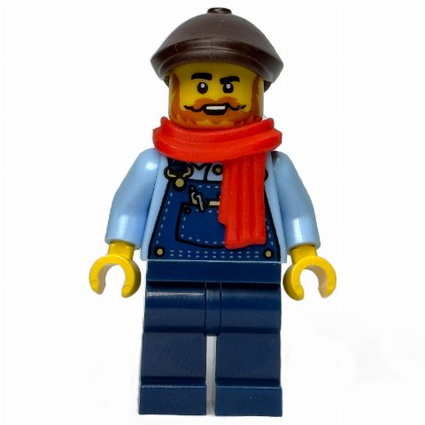 Minifigurka Train Driver, Dark Blue Overall, Reddish Brown Cap, Scarf
