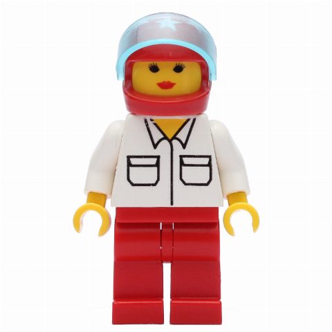 Minifigurka Woman, White Shirt with Pockets, Red Legs, Red Helmet with Stars and Visor