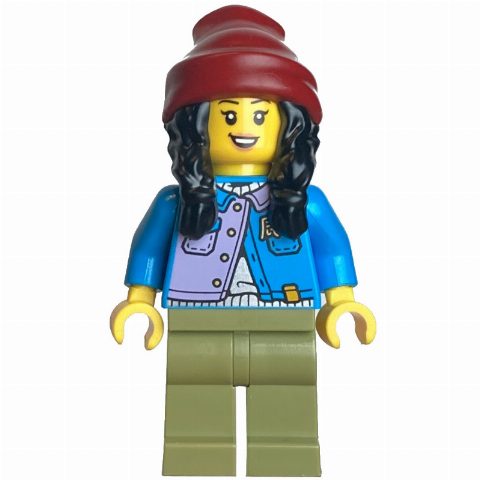 Minifigurka Dark Azure Torso, Olive Green Legs, Dark Red Beanie, Black Hair