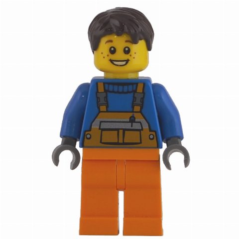 Minifigurka Worker - Blue Torso, Orange Overall, Dark Brown Hair