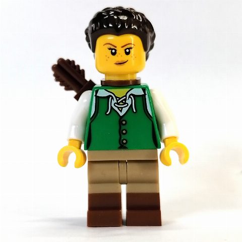 Minifigurka Woman - Green Tunic, Dark Tan/Reddish Brown Legs, Dark Brown Hair, Quiver