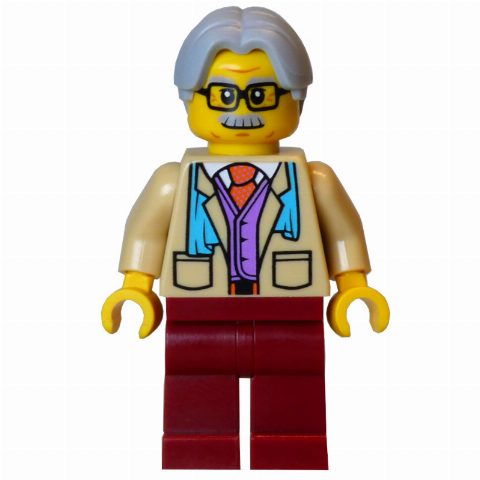 Minifigurka Man, Tan Torso, Dark Red Legs, Light Bluish Grey Hair