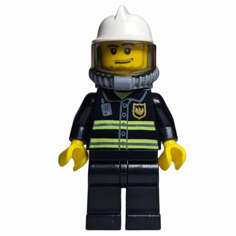 Minifigurka Fireman, Black Fire Jacket with Reflective Stripes, Radio, and Badge, White Helmet, Breathing Apparatus, Airtanks, Stubble