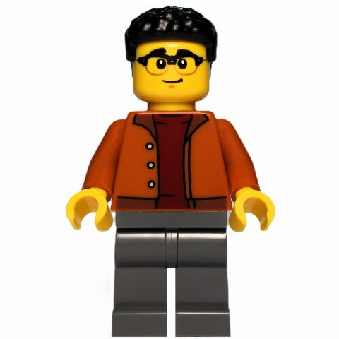Minifigurka Man, Dark Orange Torso, Dark Bluiosh Gray Legs, Black Hair