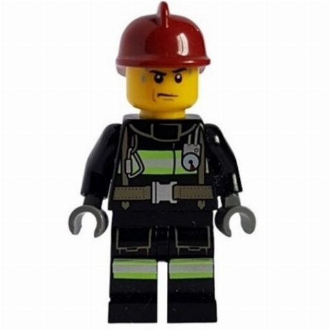 Minifigurka Fireman, Black Fire Suit with Gauge and Straps, Dark Red Helmet, Sweat Drops