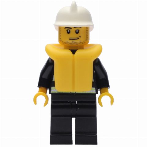 Minifigurka Fireman, Black Fire Jacket with Reflective Stripes, Radio, and Badge, White Helmet, Yellow Life Vest 2610, Stubble