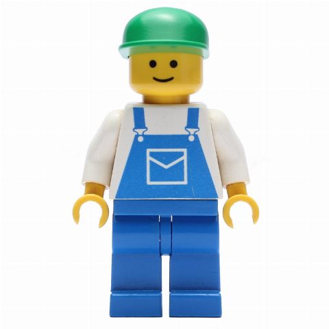 Minifigurka Man - White Torso, Blue Overall, Green Cap