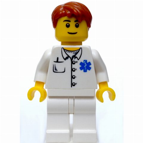 Minifigurka Doctor, White Shirt with Star of Life Logo, Dark Orange Hair, Black Eyebrows