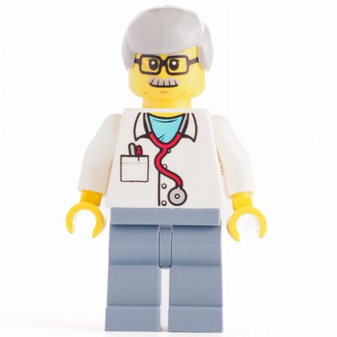 Minifigurka White Torso Lab Coat, Sand Blue Legs, Light Bluish Grey Legs
