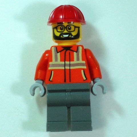 Minifigurka Construction Worker, Orange Safety Jacket, Dark Bluish Grey Legs, Red Hard Hat
