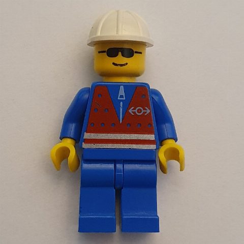 Minifigurka Train Worker - Red Vest, Blue Legs, White Helmet, Sunglasses