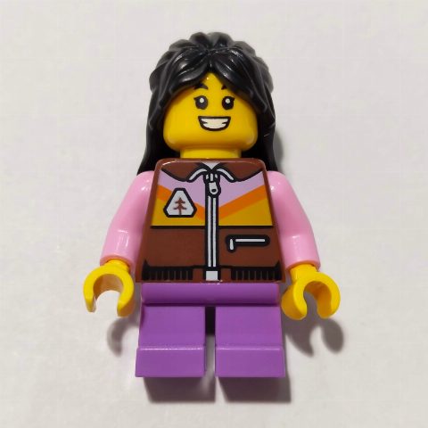 Minifigurka Kid, Reddish Brown Torso, Medium Lavender Legs, Black Hair