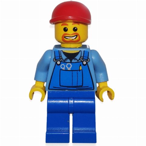 Minifigurka Man, Blue Overalls over Shirt, Blue Legs, Red Cap, Goatee Beard